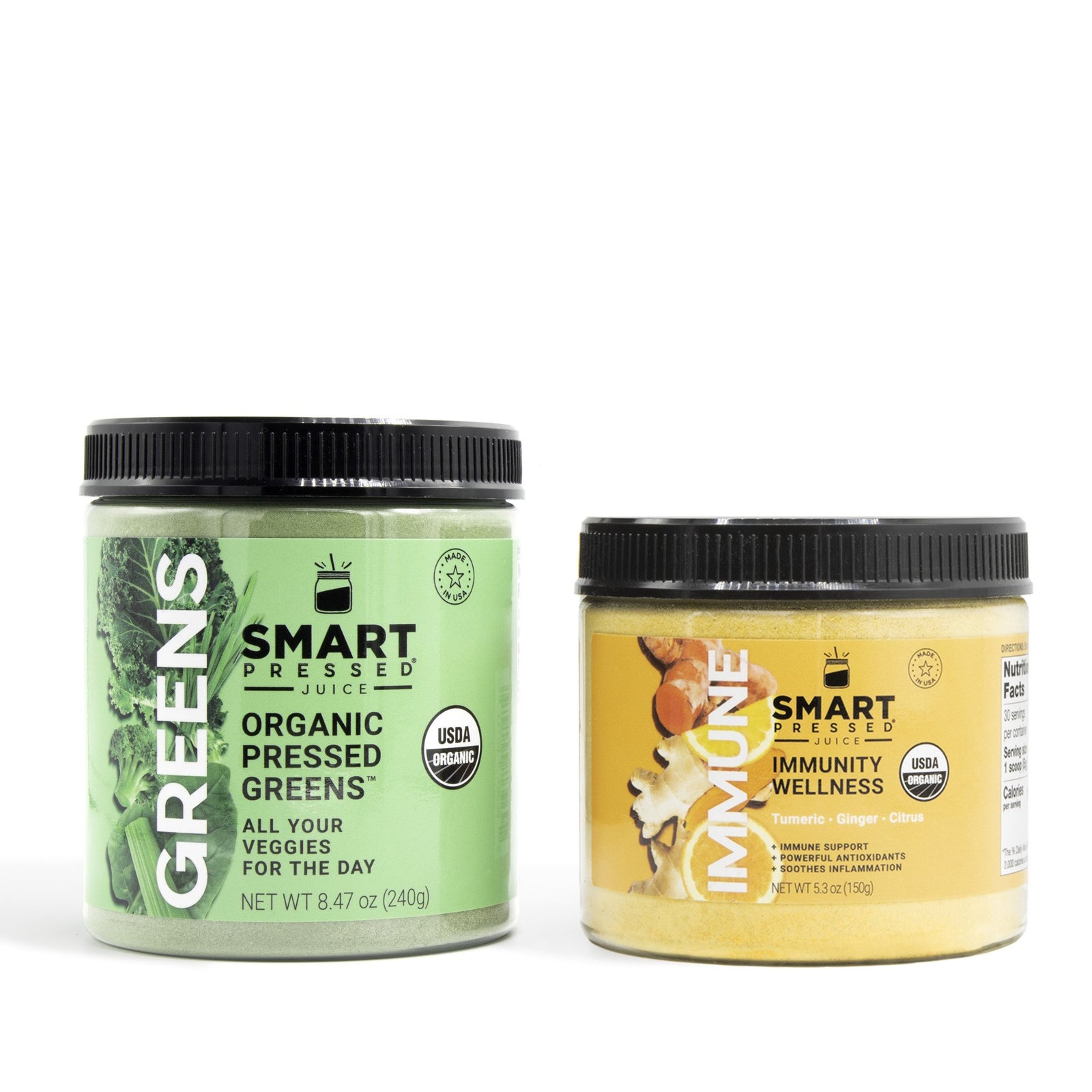 1 jar of 240 grams Organic Pressed Greens beside 1 jar of 150 grams Immunity Wellness against a white background.